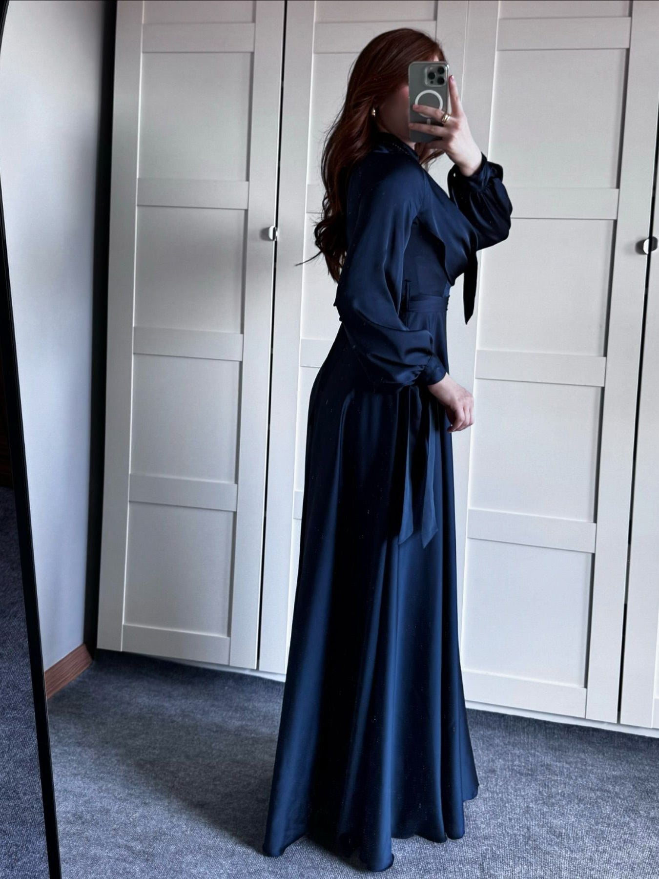 Satin Plunge Neck Long Sleeve Maxi Dress | Evening Gown