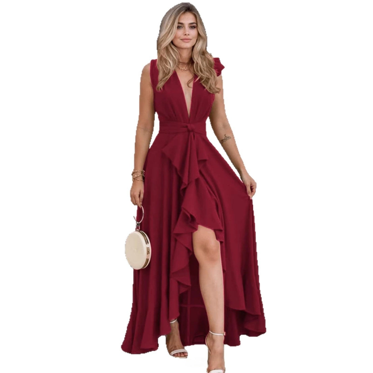 Womens Formal Dress With Ruffled Trim And A V-neck