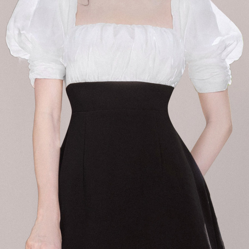Square Neck Patchwork Dress With Bubble Sleeves