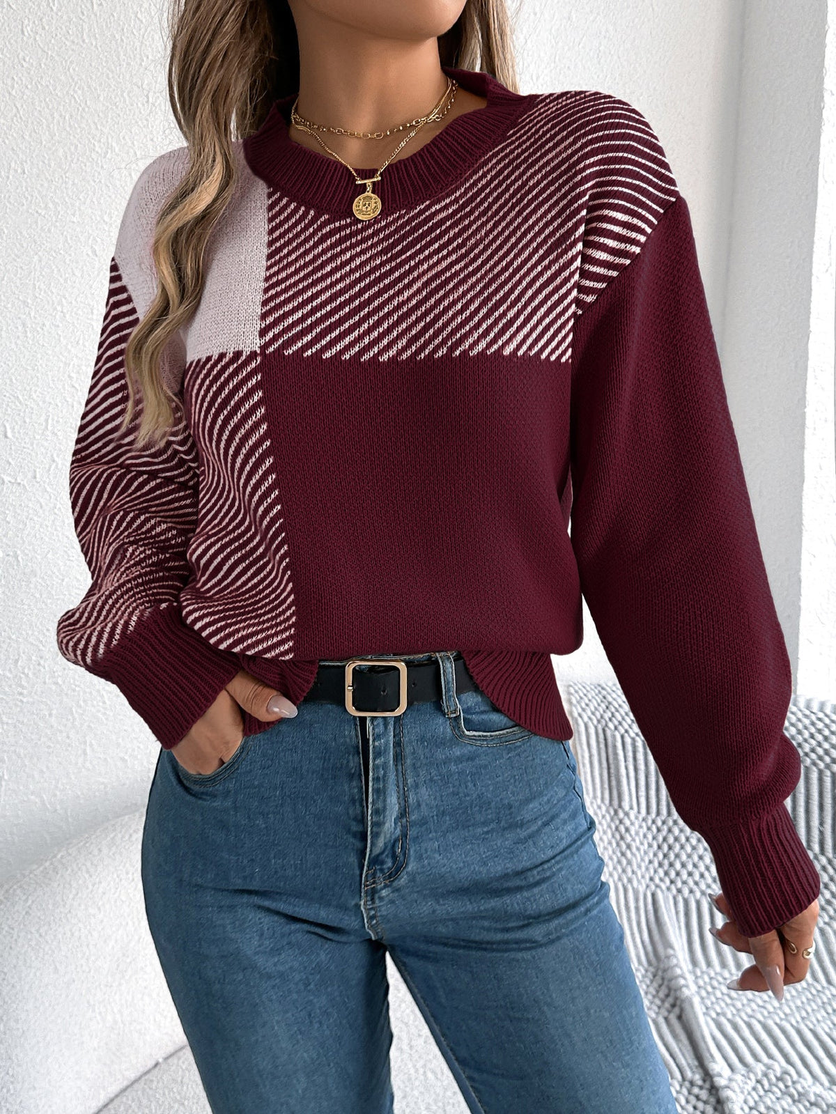 Women Casual Color Block Plaid Long Sleeve Pullover Sweater
