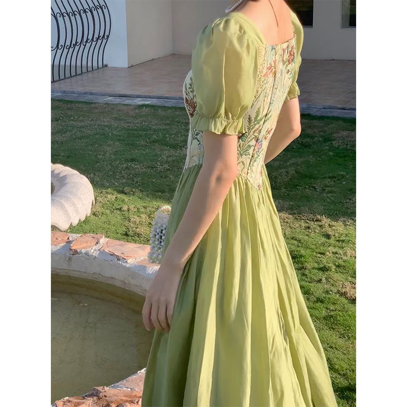 Square Neck Vintage Oil Painting Sense Patchwork Dress
