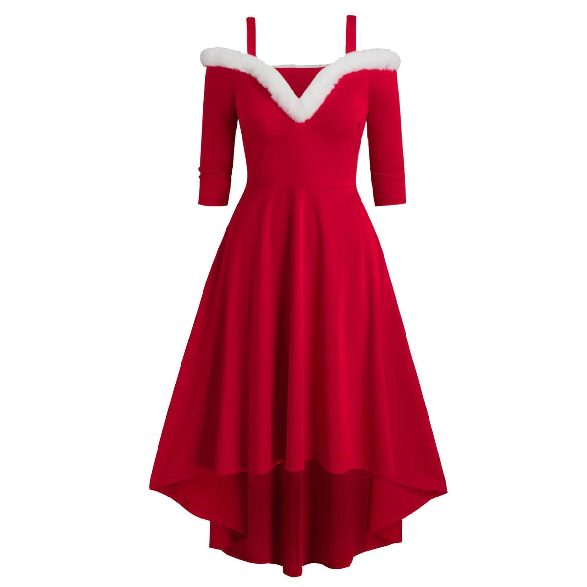 Christmas Women's Fur Patchwork V-neck Long Sleeved Dress