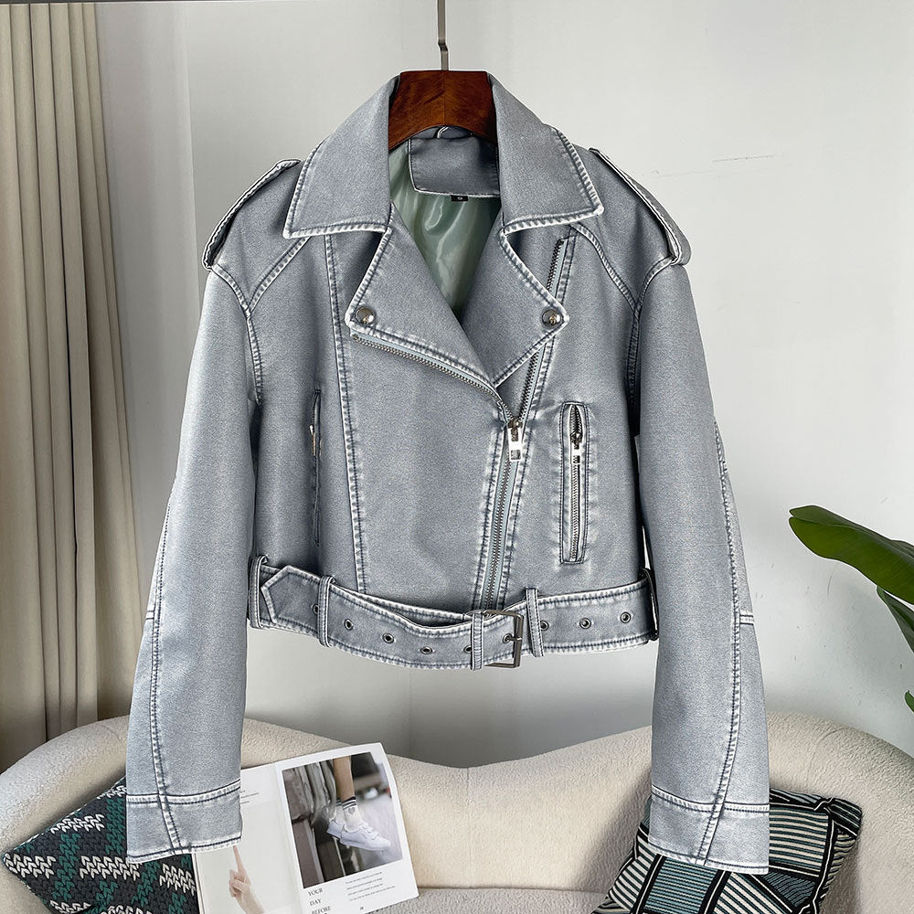 Women's Spring And Autumn Lapel Short Fashionable Casual Figure Flattering Leather Coat