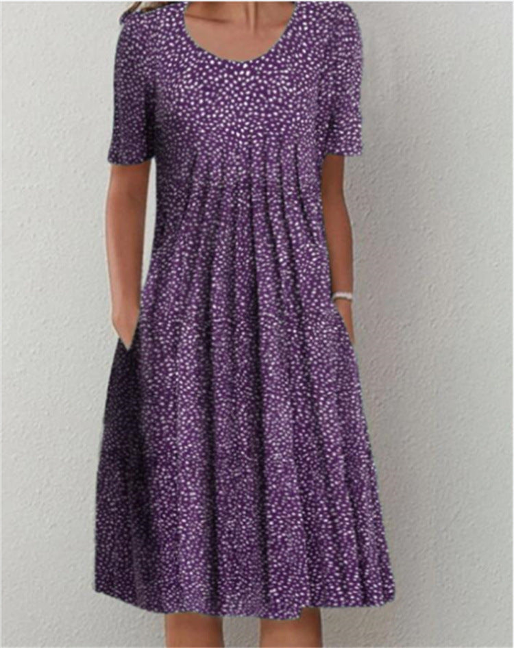 Spring And Summer Polka Dot Printed Round Neck Dress For Women