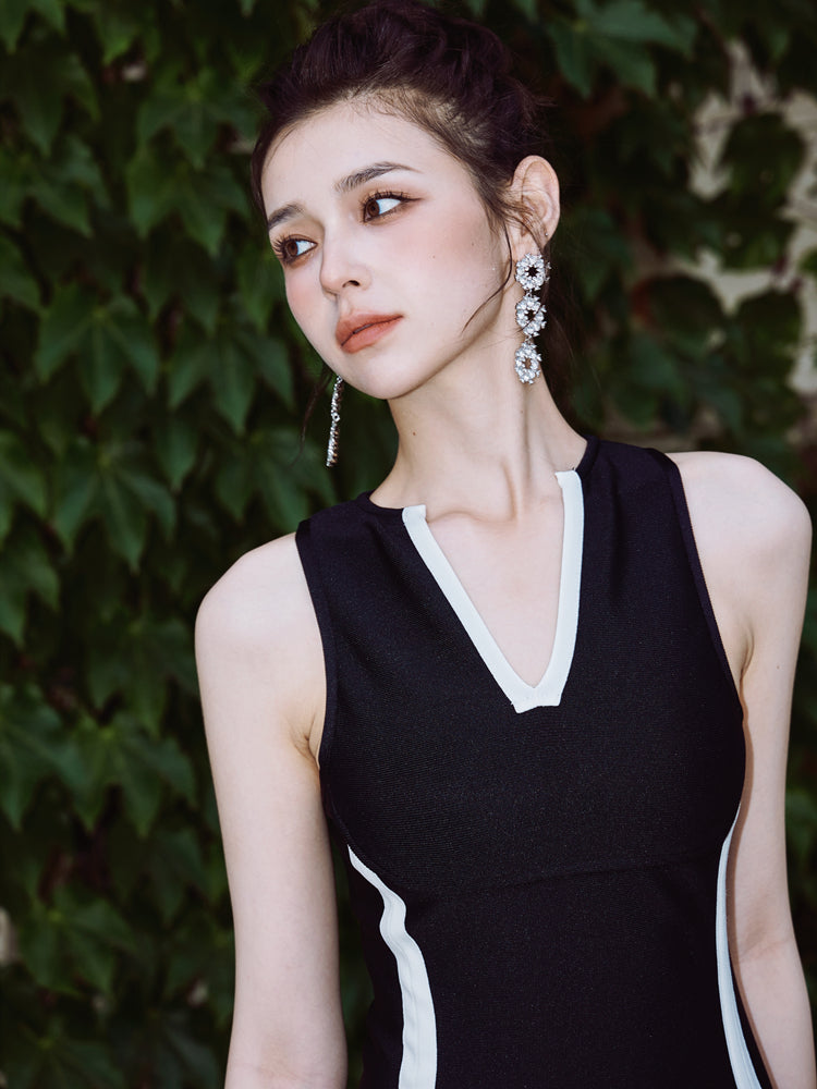 New Black And White Stitching Dress V-neck Long Formal Dress