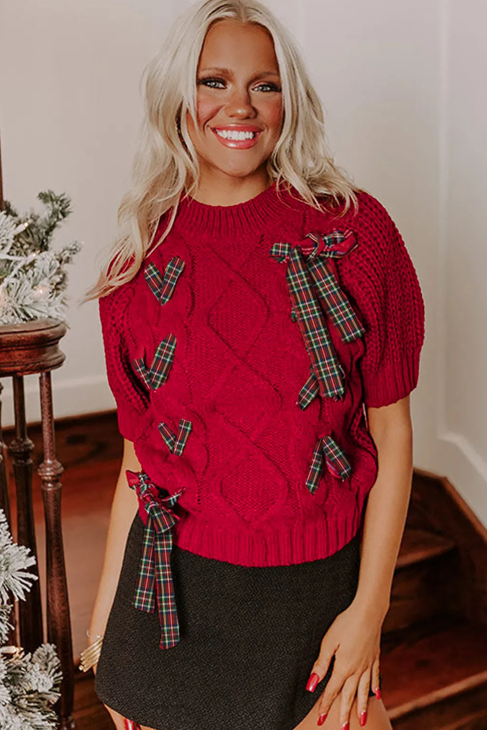 Fiery Red Plaid Lace Up Detail Christmas Holiday Puff Short Sleeve Sweater