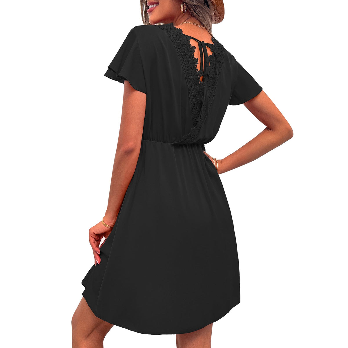 Fashion V Neck Lace Chiffon Backless Dress