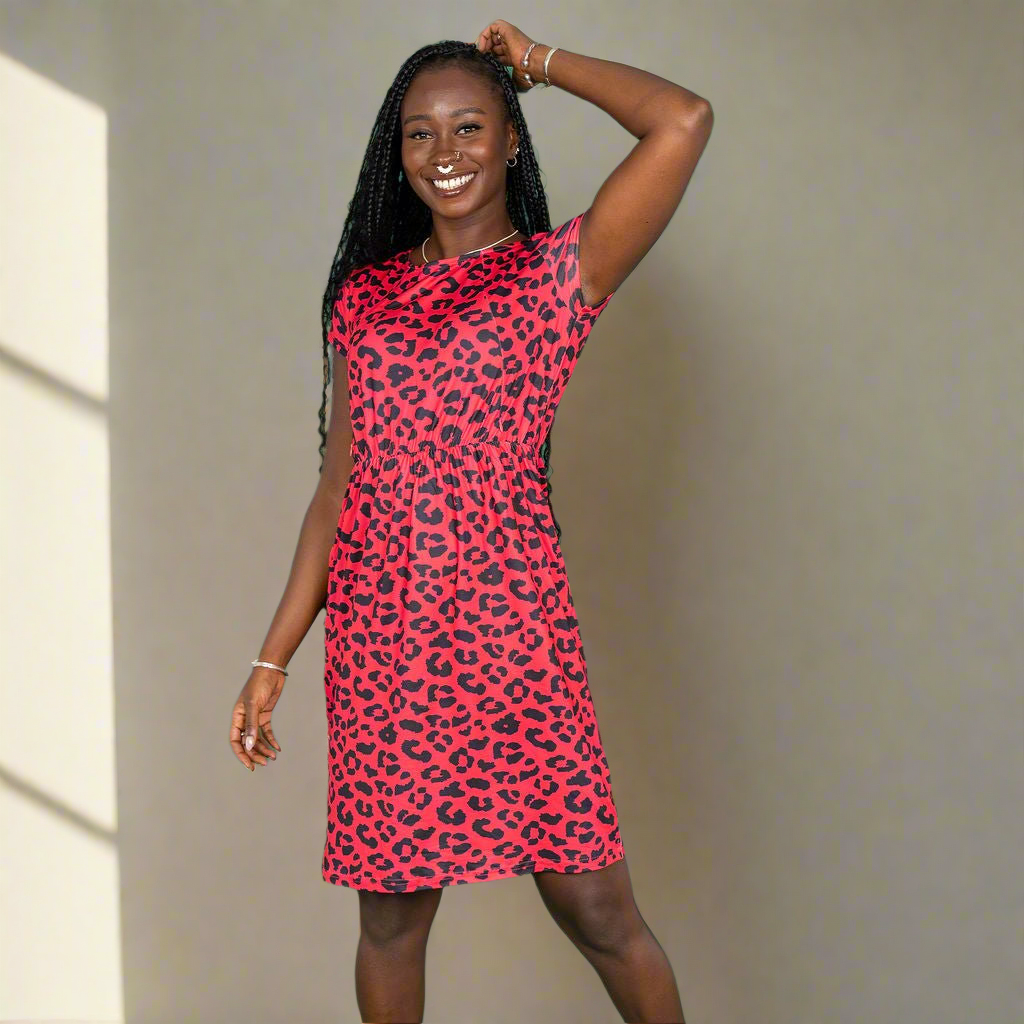 Red Leopard Print Nursing Dress - Knee Length Breastfeeding Dress