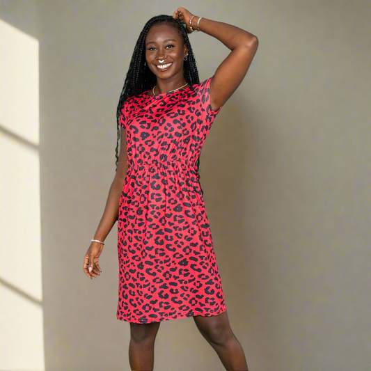 Red Leopard Print Nursing Dress - Knee Length Breastfeeding Dress