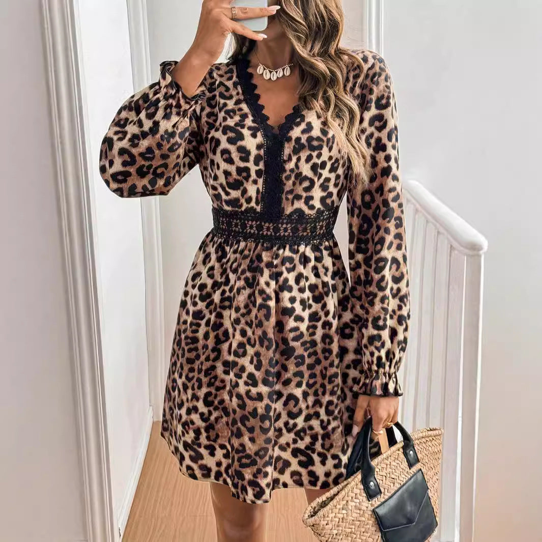 Leopard Print Lace Patchwork Long Sleeve Women Dress