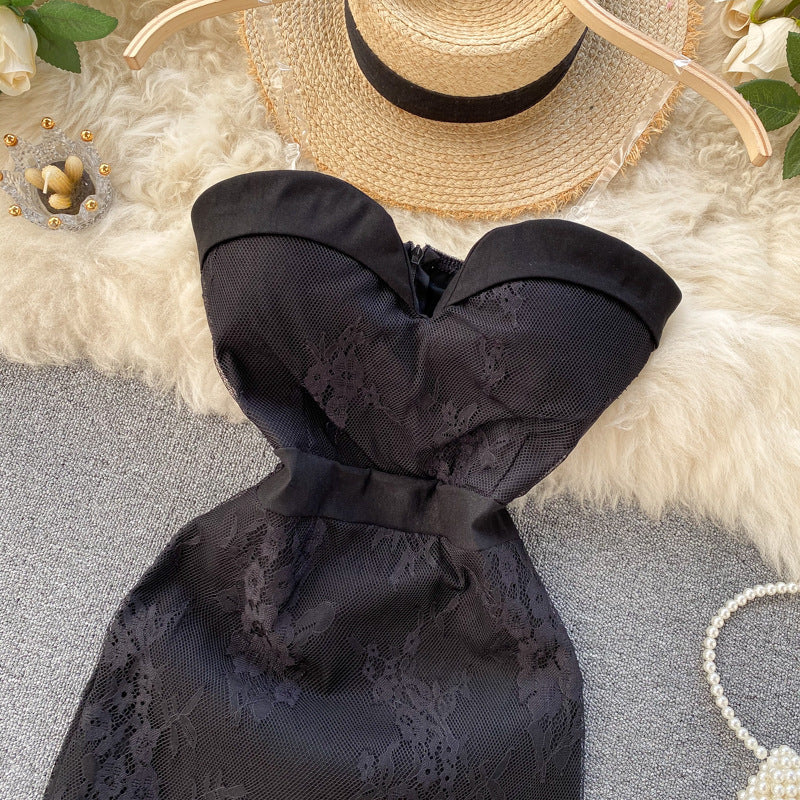 V-neck Padded Backless Tube Top Lace Dress