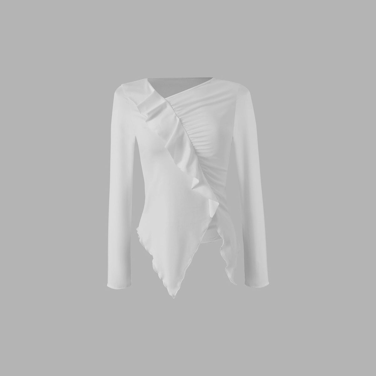 Pleated Ruffled Edge Square Neck Long Sleeve Base Shirt