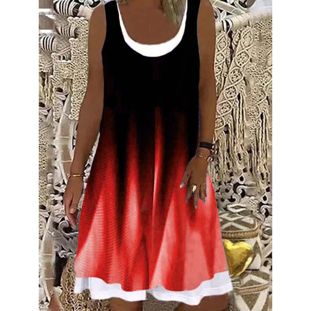 Women's Printed Patchwork Round Neck Sleeveless Pleating Dress
