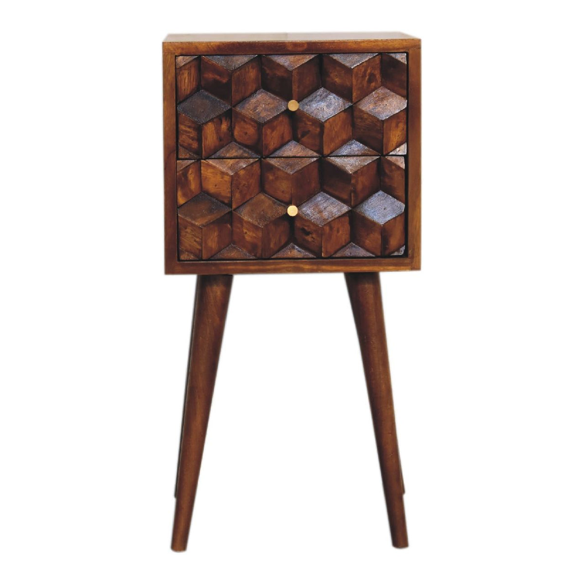 Artisan Mini Chestnut Cube Carved 2 Drawer Bedside Table