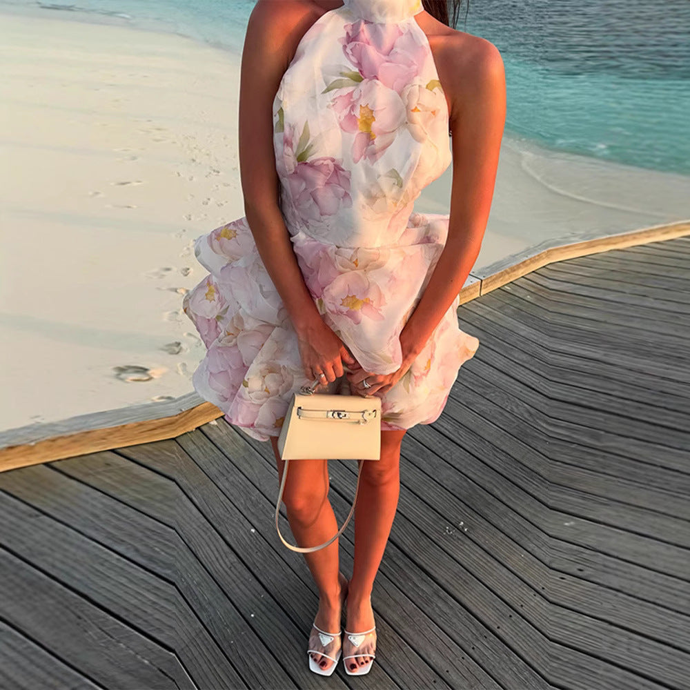 Women's Summer Halter Backless Strap Floral Flounce Printed Dress