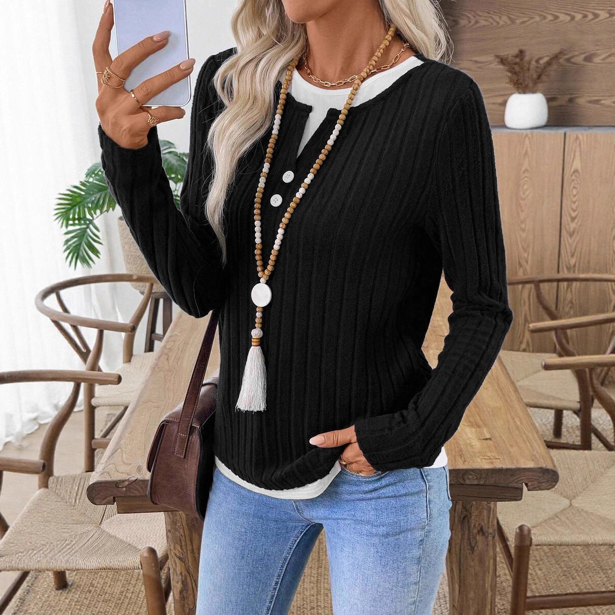 Women's Fake Two-piece Round Neck Button Pullover Grinding Sweater