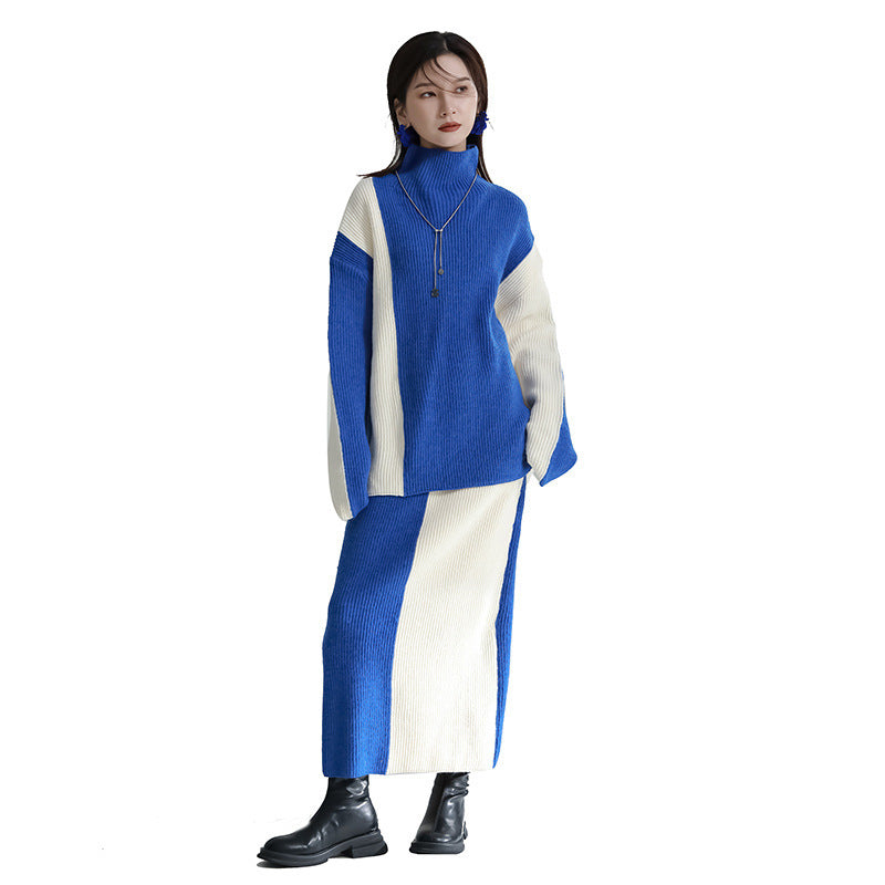 Black And White Color Contrast Patchwork Sweater Skirt Suit