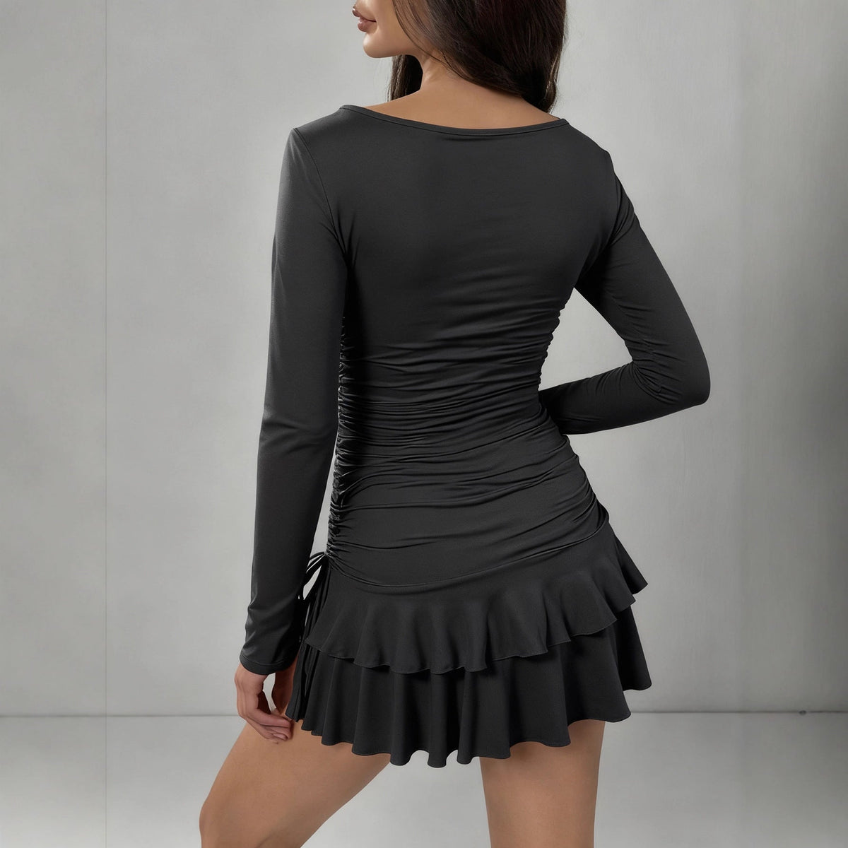 Women's Solid-Color Long-Sleeve Drawstring Fashion Short Dress
