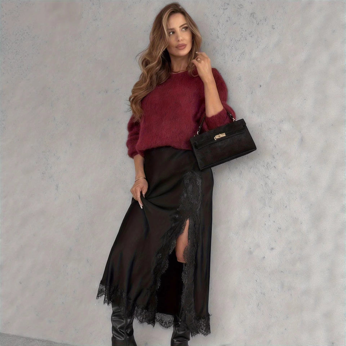 Spring New High-Slit Satin Skirt Solid Color