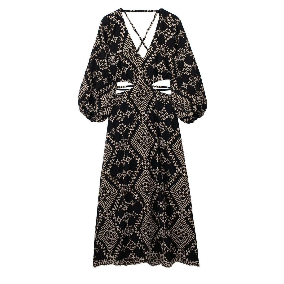 V-neck 34 Sleeves Backless Design Midi Dress