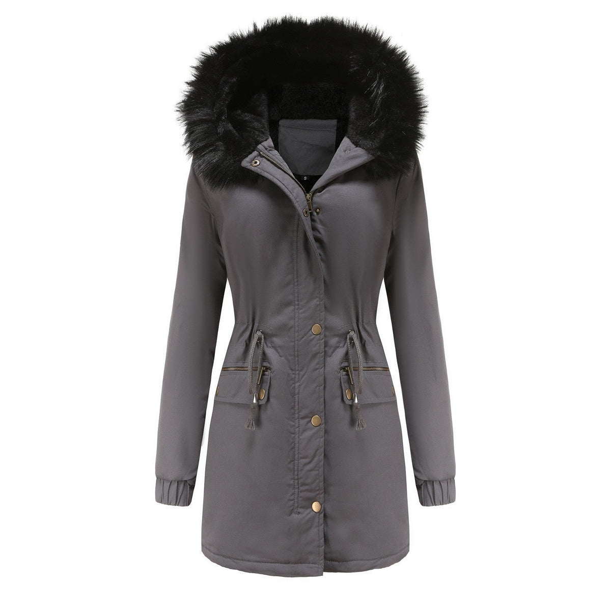 Women's Plush Hooded Parkas Winter Warm Thick  Zip-up Jackets Casual Mid-length Solid Buckle Pockets Coat Outerwear Clothing