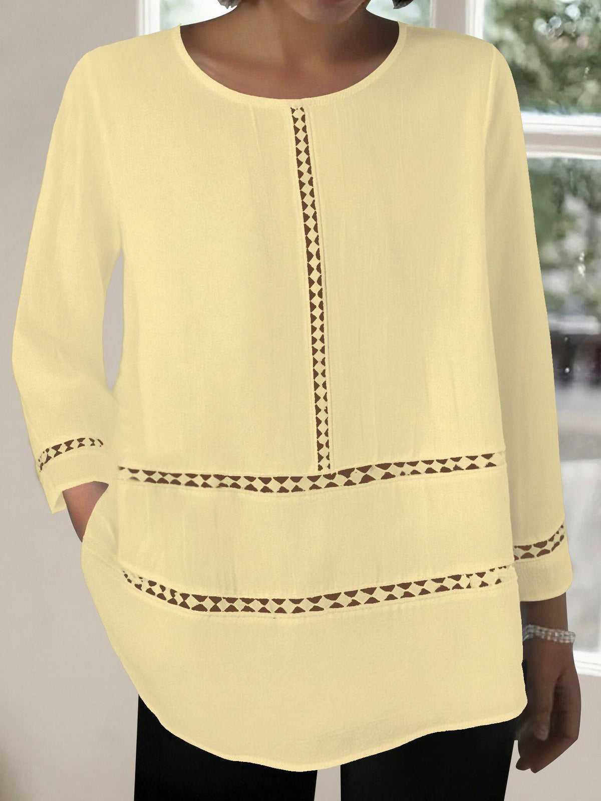 Versatile Women's Round-neck Semi-sheer Hollow-out Long-sleeve Shirt
