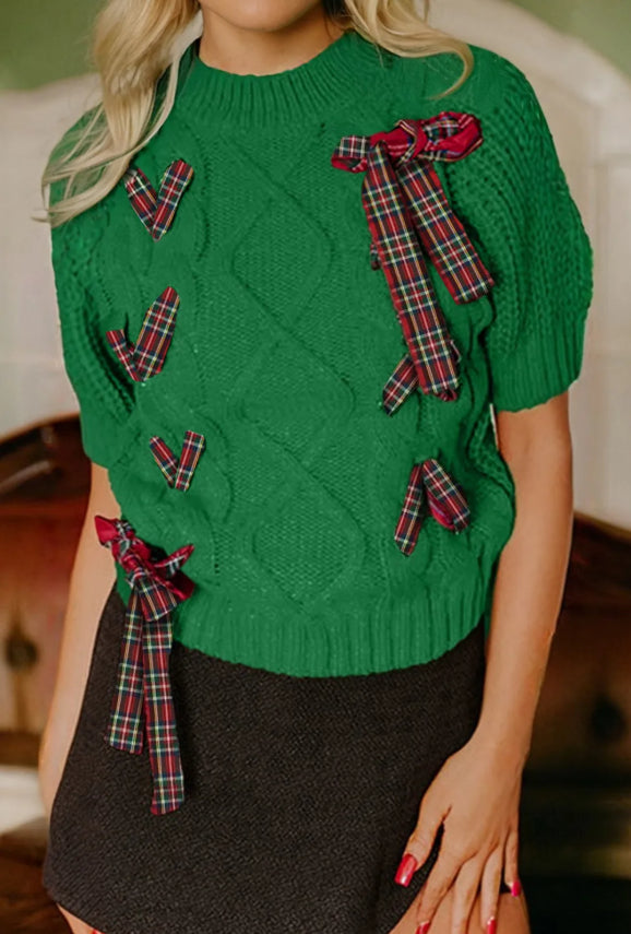 Fiery Red Plaid Lace Up Detail Christmas Holiday Puff Short Sleeve Sweater