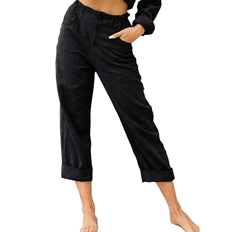 Women's Cotton Linen Patchwork Trousers | High Waist Drawstring | Loose Casual Pants | 11 Colours | S–3XL