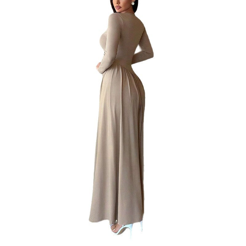 Base Pleated Solid Color Long Dress