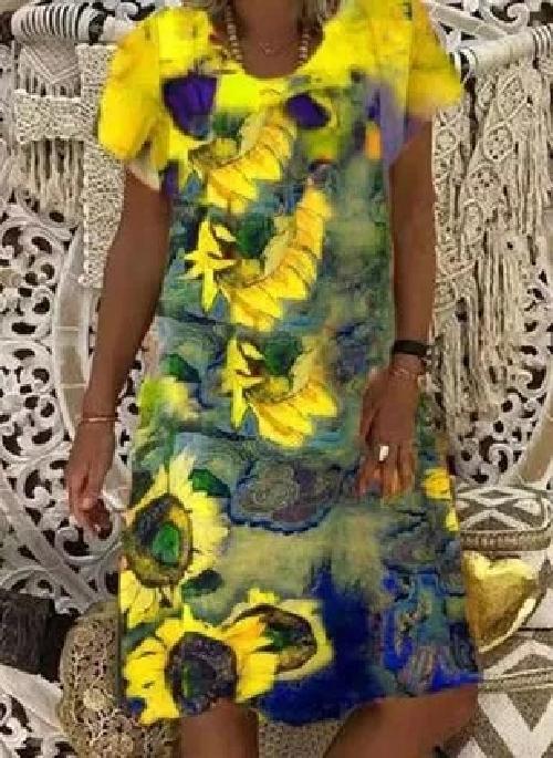 Summer New Floral Print Short-Sleeved V-Neck Dress Women