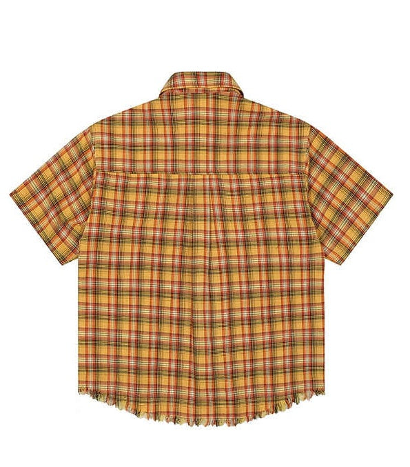 American Embroidery Pocket Yellow Short Sleeve Plaid Shirt Men And Women