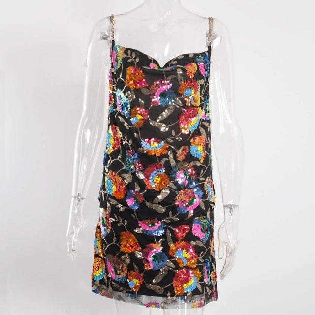 Women's Off-neck Backless Sequined Floral Chain Short Dress