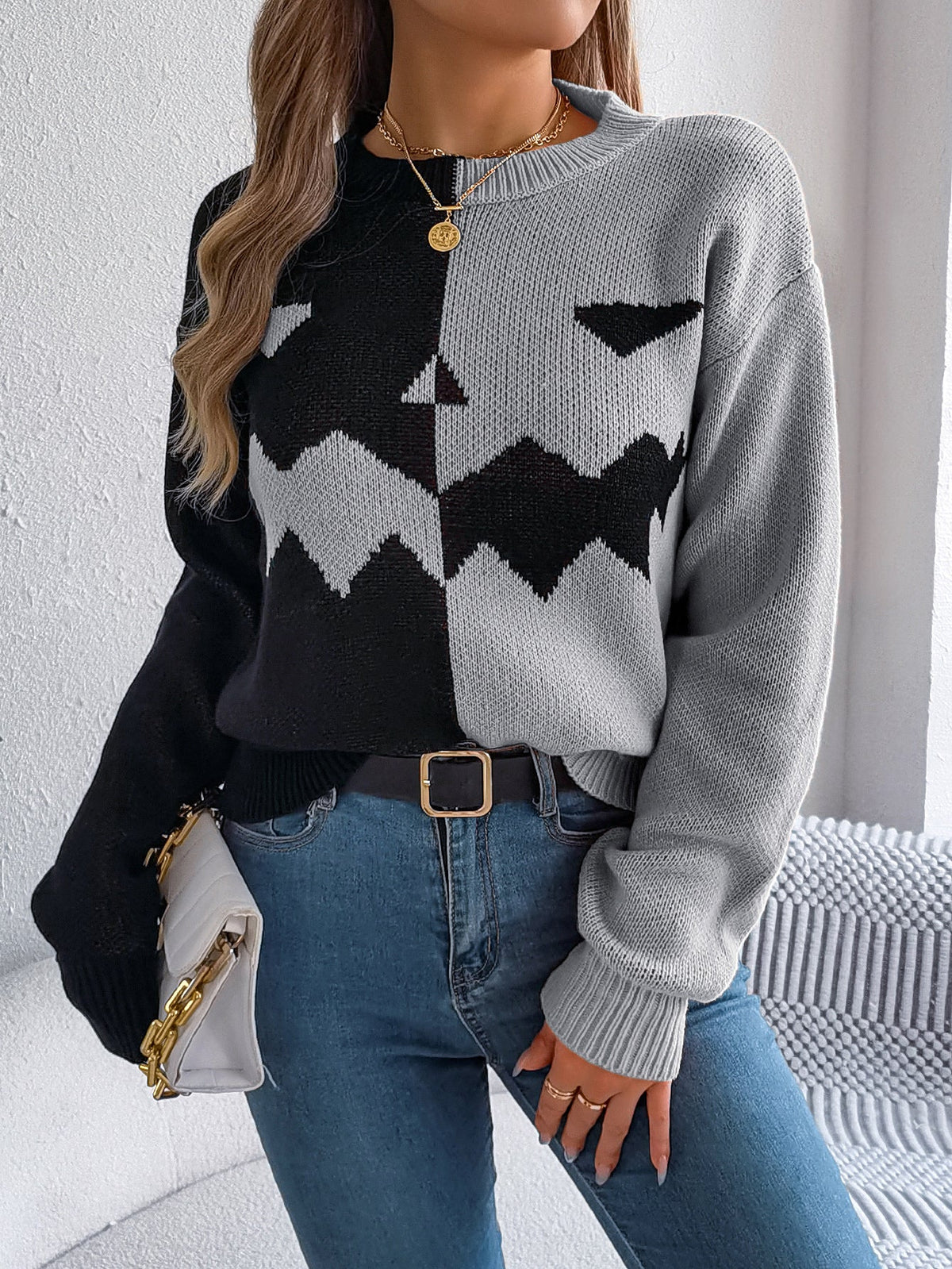 Women Ghost Pumpkin Color Block Long Sleeve Pullover Sweater