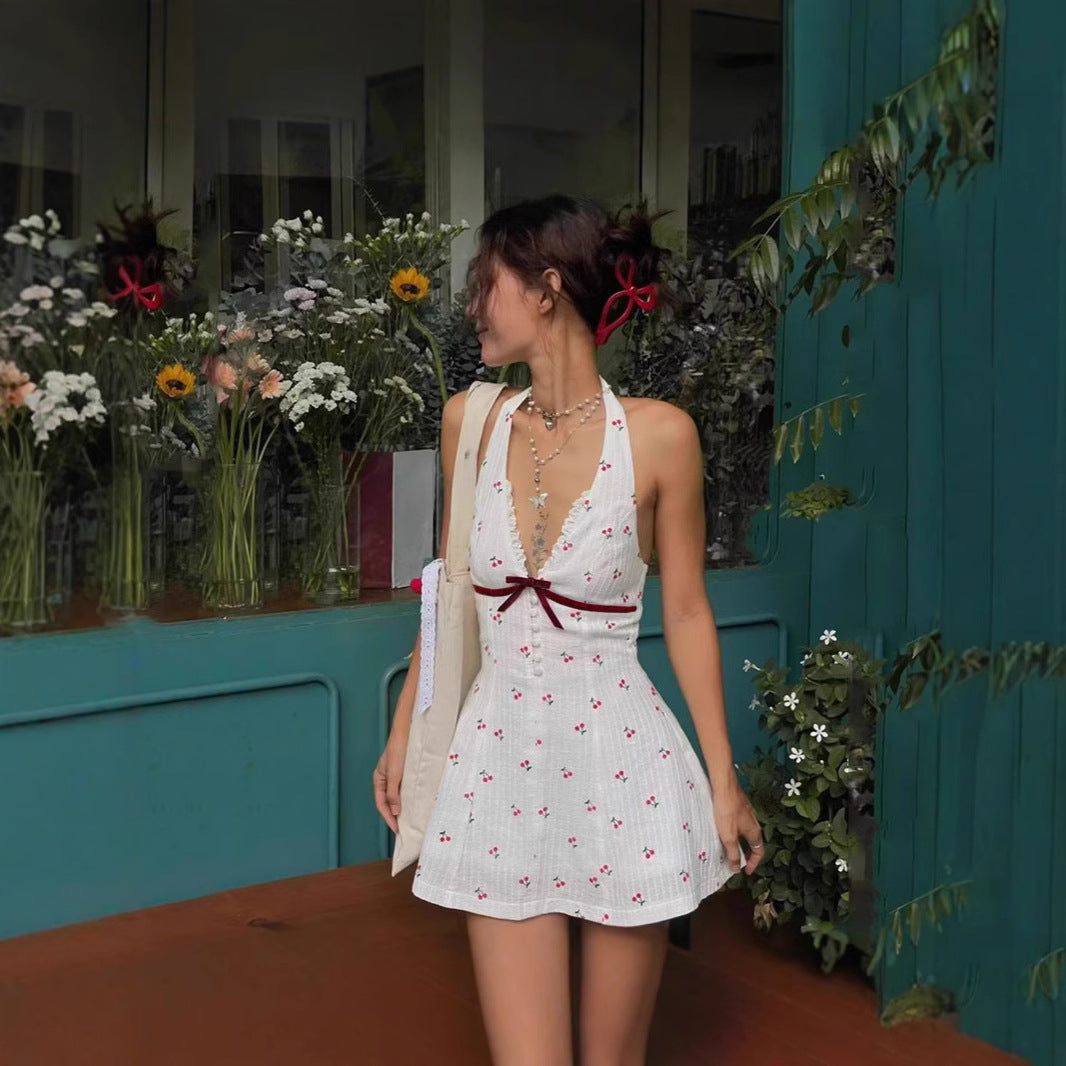 Backless Cherry Waist-tight Halter Dress Women