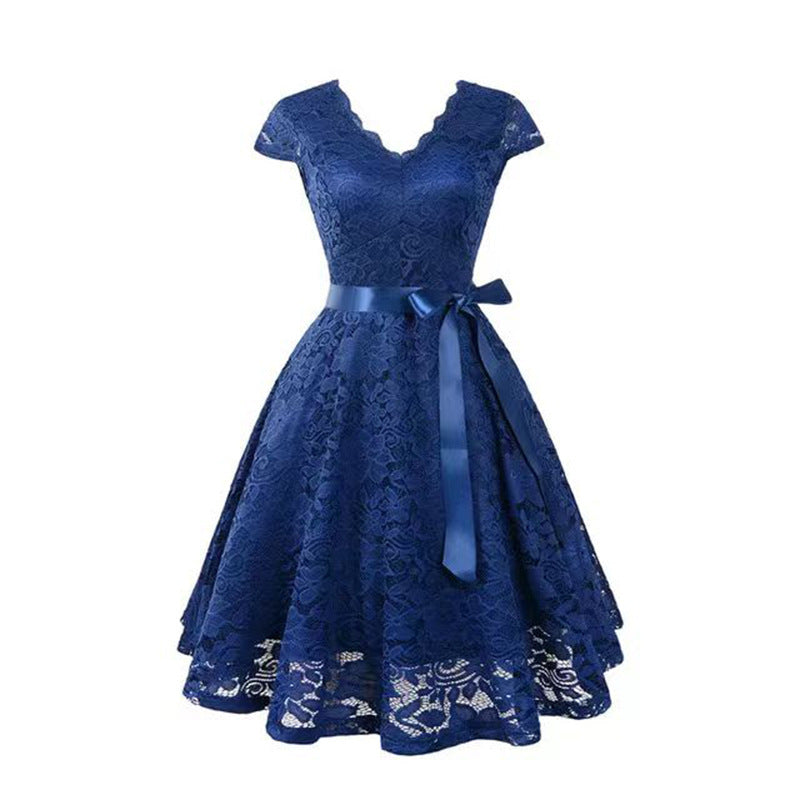 V-neck Patchwork Lace-up Wide Hem Lace Dress