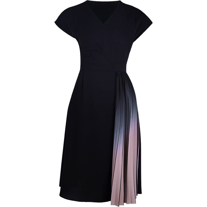 Slim Gradient Pleated Patchwork Black Dress