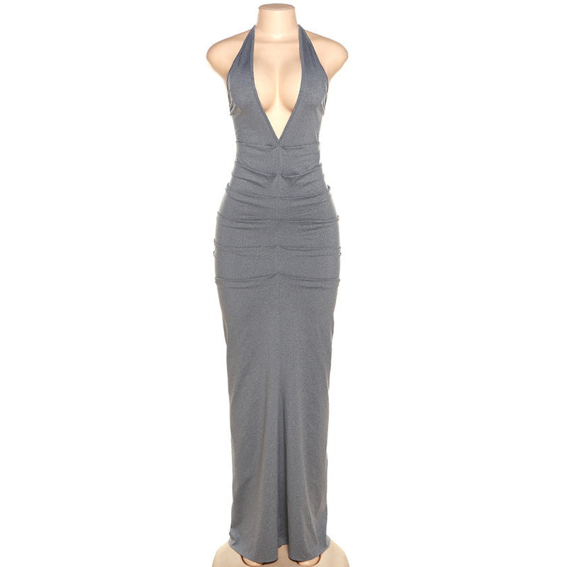 Deep V-neck Pleated Backless Lace-up Hip Dress