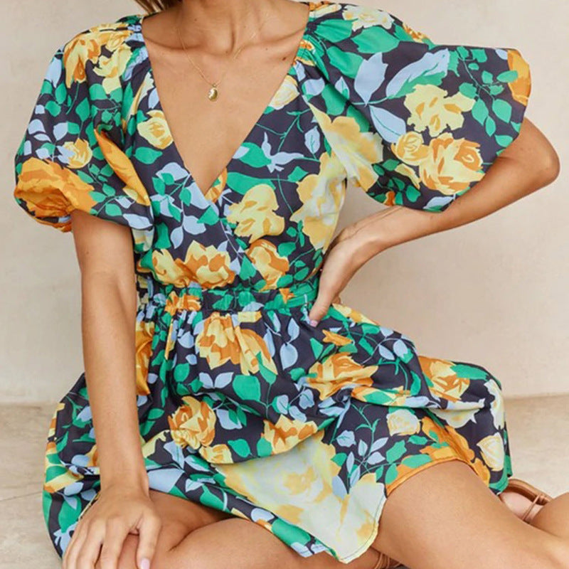 Women's V-Neck Cutout Backless Lantern Sleeve Dress