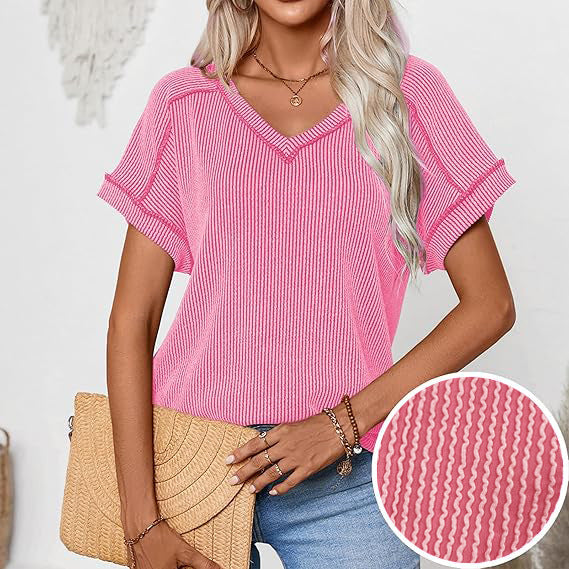 Fashionable Two-tone Twisty Stretch Short-sleeve V-neck Top Women's T-shirt