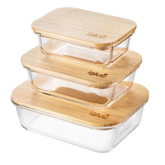 Borosilicate Glass Food Storage Containers with Airtight Bamboo Lids | 3-Pack (370ml, 640ml, 1050ml)