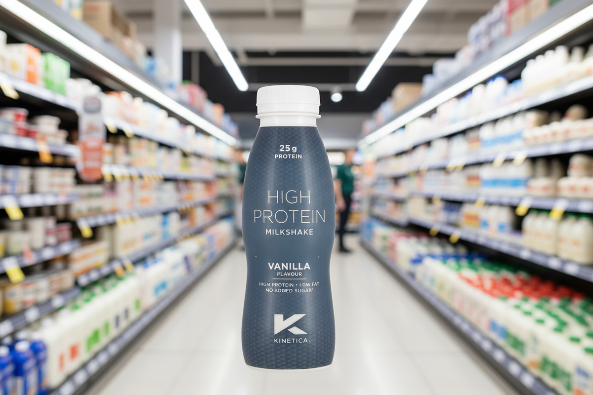 12 x Batido de leche Kinetica de alto contenido en proteínas con sabor a vainilla 330 ml