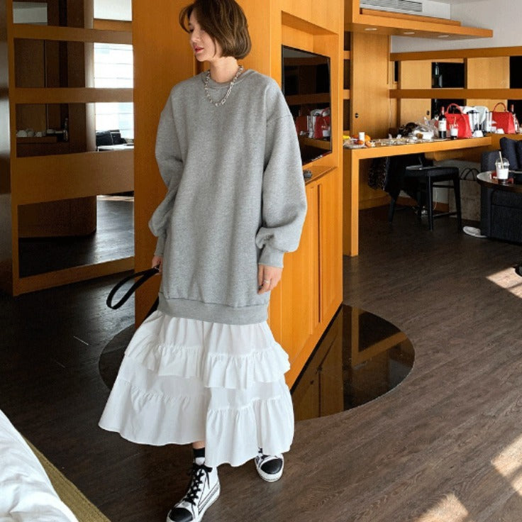 Idle Style Color Contrast Patchwork Ruffled Sweater Dress Women