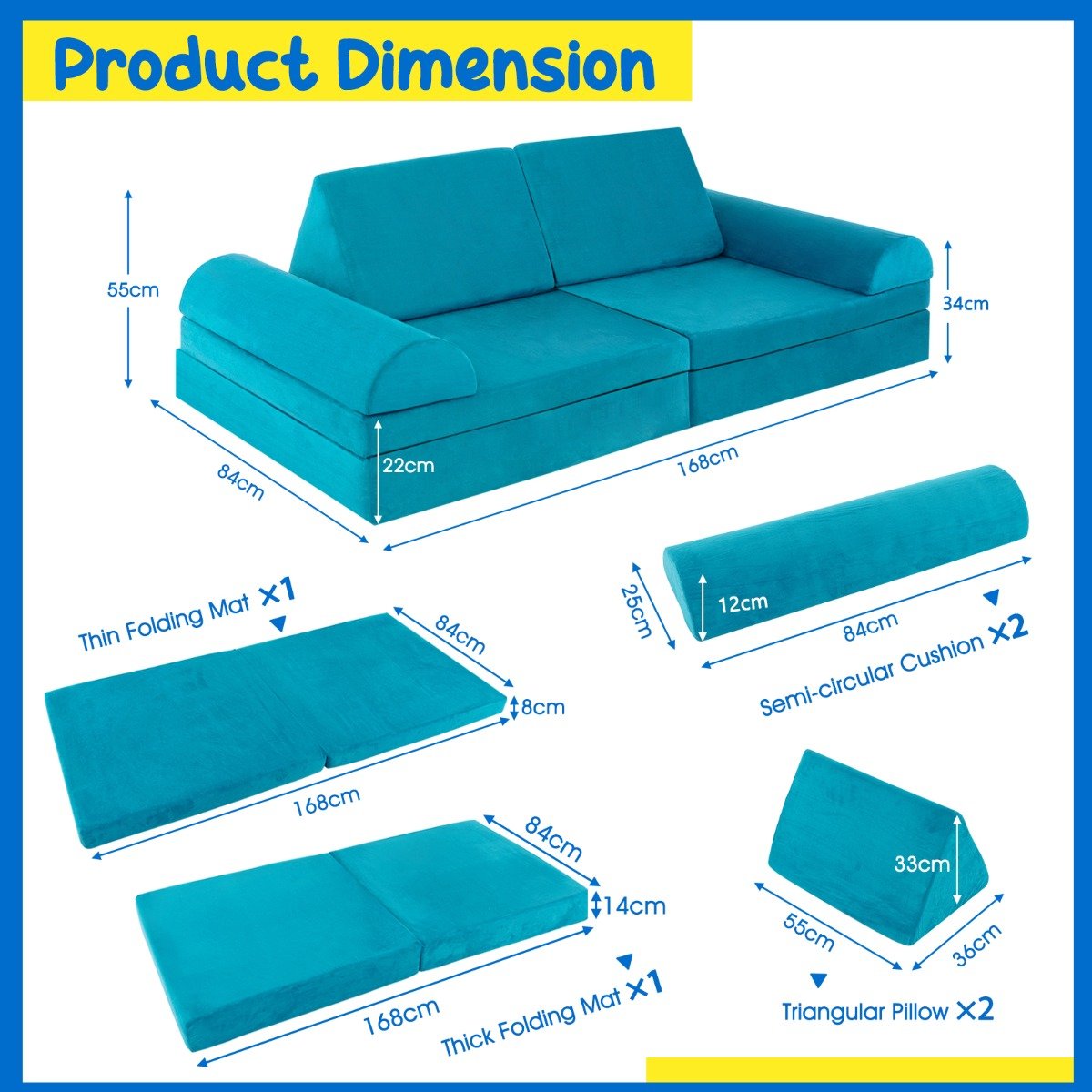 6 Pieces Modular Convertible  Kids Play Couch Sofa-Blue