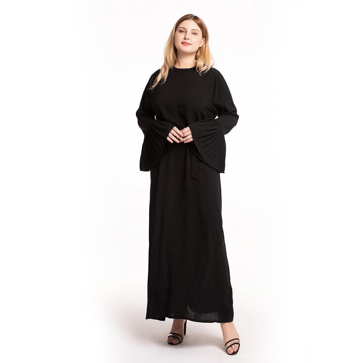 Women's Crew Neck Pleated Patchwork Horn Sleeve Slim Dress