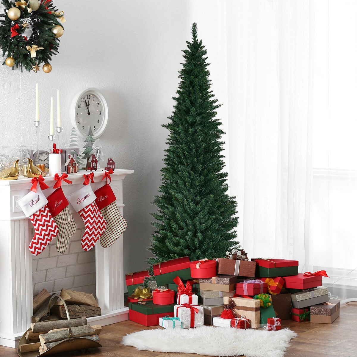 8ft / 2.4m Artificial Pencil Slim Christmas Tree with Metal Stand