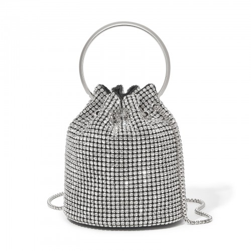CLS2510 - Women's Rhinestone Evening Bag – Sparkly Handbag with Metal Ring Handle and Chain Crossbody Strap - Silver