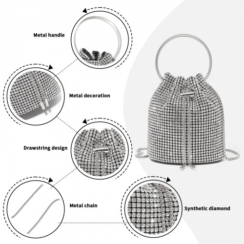 CLS2510 - Women's Rhinestone Evening Bag – Sparkly Handbag with Metal Ring Handle and Chain Crossbody Strap - Silver