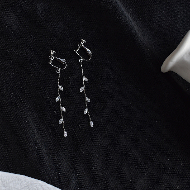Korea Leaf Zircon Temperament All-match Long Tassel Earring
