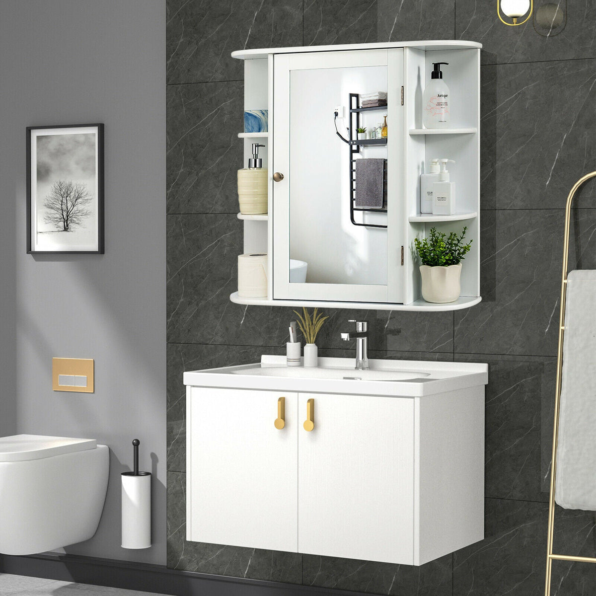 3-Tier Mirrored Wall Mounted Bathroom Cabinet-Grey