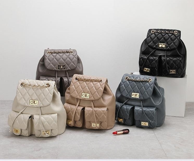 First Layer Cowhide Rhombus Chain Backpack Advanced Texture All-matching